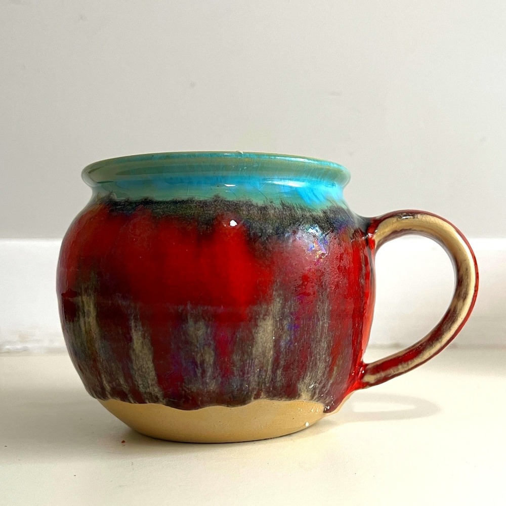 Handmade Studio Pottery Drip Glaze Mug Red Blue Iridescent Ceramic 3.5in